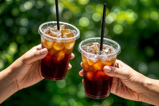 Cold beverage refreshing iced coffee carbonated soft drink takeaway cup plastic lid straw summer refreshment outdoor hydration caffeine energy sweet taste bebida fr&iacute;a refrescante caf&eacute; helado refresco