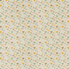 Neutral beige seamless pattern with small pastel hearts in yellow, teal, and brown. Subtle romantic background perfect for crafts and stationery.