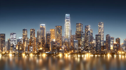 Naklejka premium Stunning nighttime cityscape panorama, glittering skyscrapers reflected in calm water, modern urban architecture.