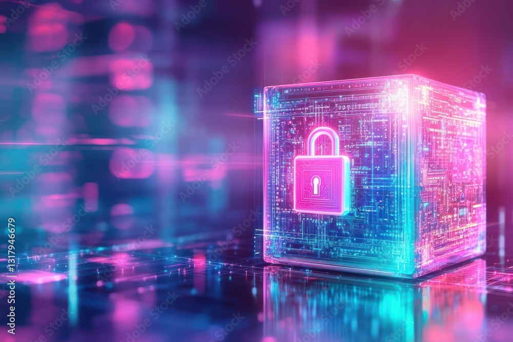 Poster a vivid digital representation of a secure data lock, symbolizing cybersecurity and advanced technol
