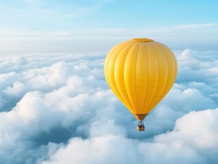Fototapeta premium A vibrant yellow hot air balloon floating gracefully above fluffy white clouds under a clear blue sky, evoking a sense of adventure.