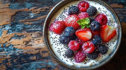 Fresh low calorie Greek yogurt breakfast bowl, topped with top fresh berries, crunchy chia seeds, drizzled with pure golden honey for a nutritious and delicious meal.
