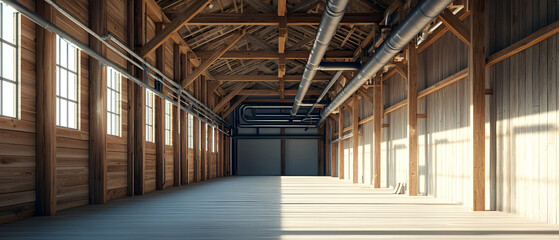 Vast Empty Warehouse Interior With Wooden Beams Metal Pipes And Natural Light Sunlight