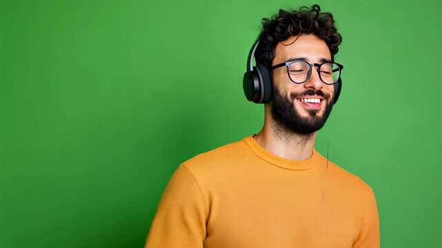 Entrepreneur Recording Online Course Content Wearing Headphones Against Green Backdrop for E-Learning and Digital Marketing Promotion
