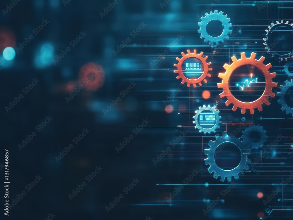 Poster abstract background featuring gears and digital elements, symbolizing technology and innovation in a