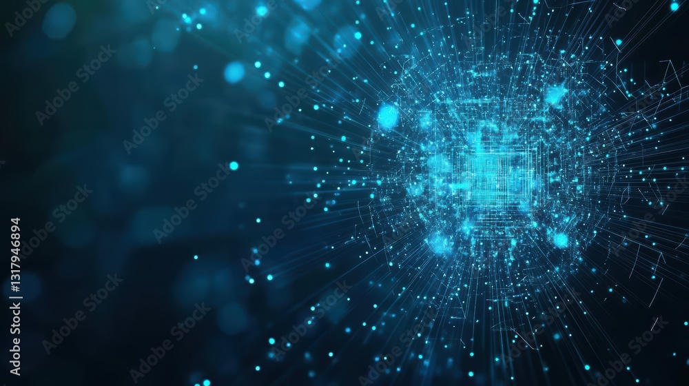 Poster abstract blue digital background with glowing particles representing technology and innovation in a 