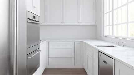 Fototapeta premium Minimalist white kitchen with sleek cabinetry, stainless steel appliances, and bright natural lighting UHD 4K Image