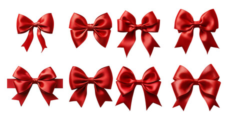 Various Elegant Red Satin Bows for Festive Decorations and Gifts, Bundle Set Collection, Isolated on Transparent Background