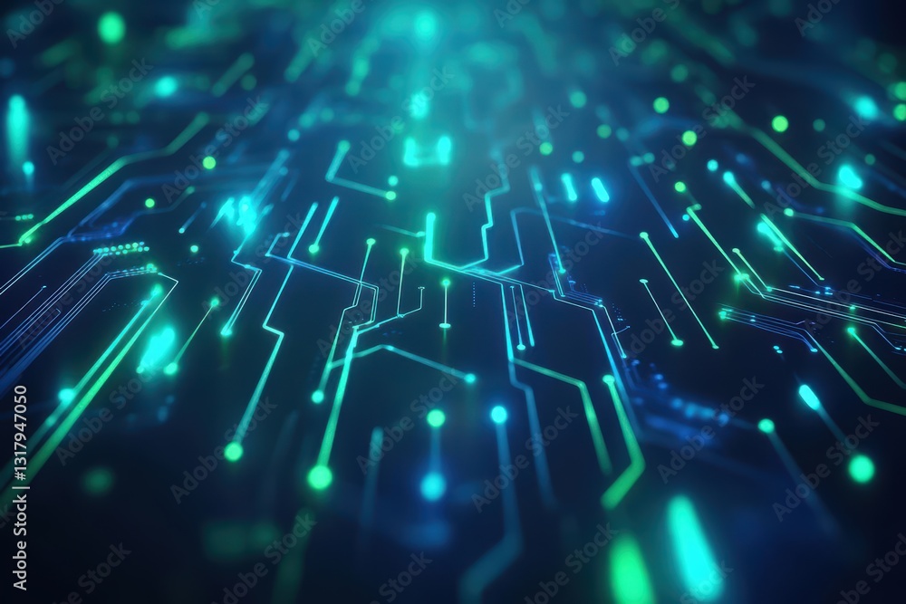 Poster abstract digital circuit background with glowing lines and dots in blue and green tones, perfect for