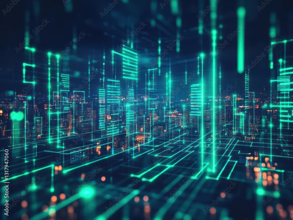 Poster abstract digital cityscape with glowing lines and data streams, representing technology and innovati