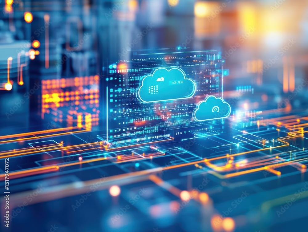 Poster abstract digital cloud computing concept with glowing data connections and visualizations, represent