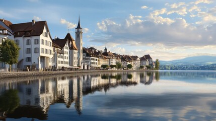 Fototapeta premium Swiss town lakeside sunset reflection