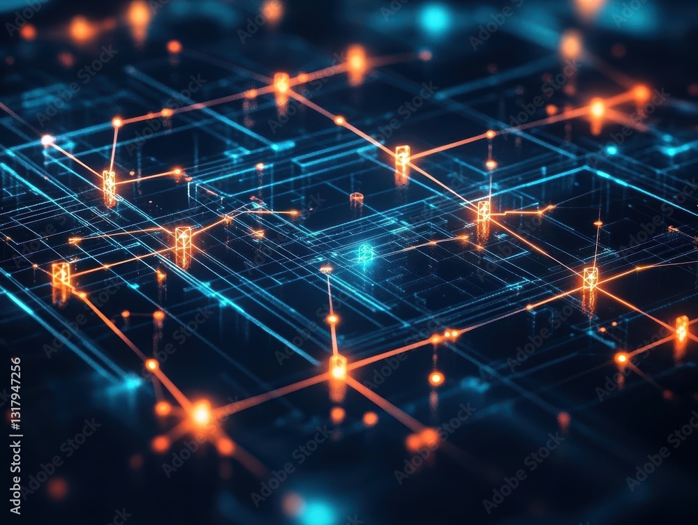 Poster abstract network illustration with glowing nodes and lines creating a digital landscape in blue and 
