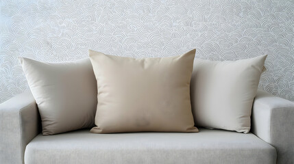 Beige Embroidered Throw Pillows On A Cream Colored Sofa In A Modern Living Room With A Textured Wallpaper Background