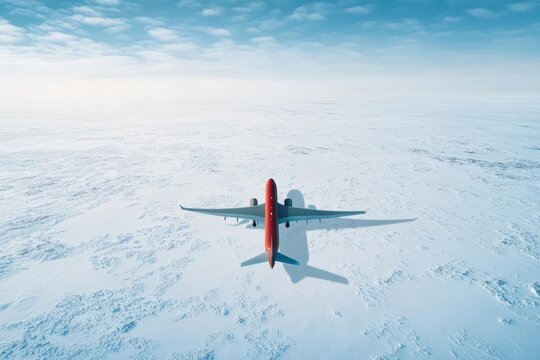 Aerial view of a plane flying over a snowy landscape, showcasing the beauty and tranquility of winter travel.