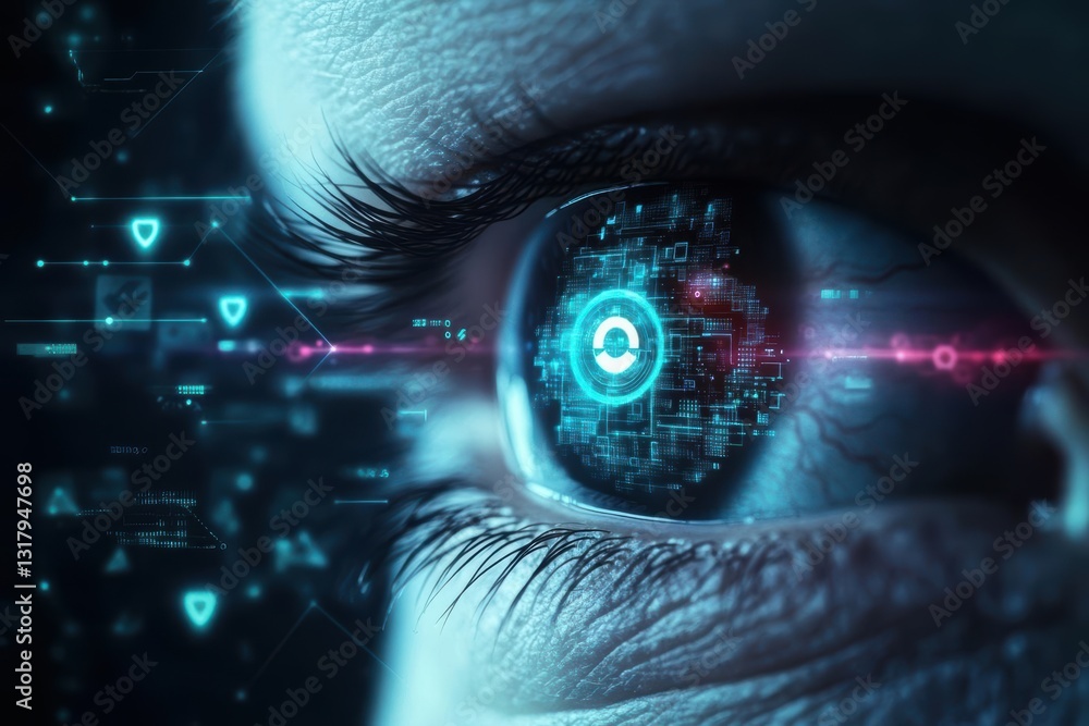 Poster close-up of an eye displaying digital data and futuristic technology concepts, representing vision a