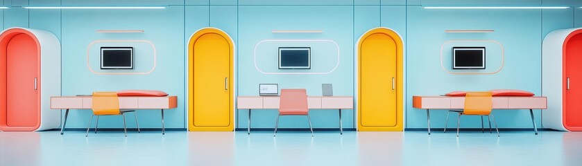 Bright and modern interior view of a minimalist office space with colorful doors and sleek furniture.
