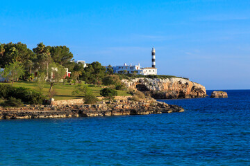 Europe, Spain, Balearic Islands, Mallorca. Porto Colom. Lighthouse.