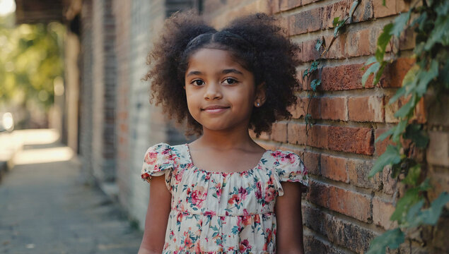 A young African American girl, approximately 9 years old, with natural curly black hair styled in a voluminous afro with a center part