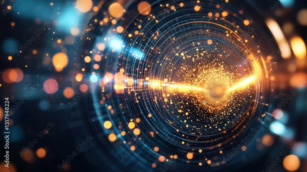 Poster dynamic abstract illustration featuring glowing particles and circular patterns, perfect for technol