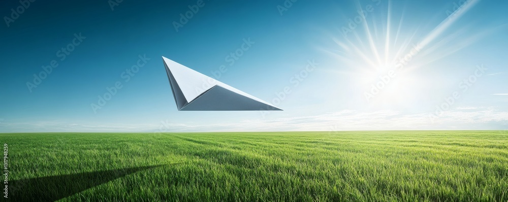 Poster a triangular metallic shape floats above a grassy green field