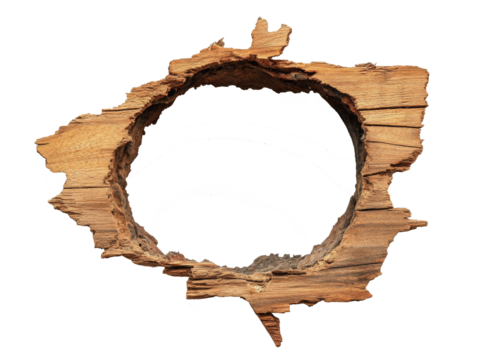 A circular piece of wood with rough edges, resembling a natural frame or hole.