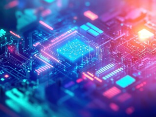 Futuristic circuit board with vibrant glowing components, showcasing advanced technology in a visually stunning digital landscape.