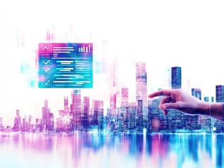 Obraz premium Futuristic city skyline with data visualization and technology interface, representing digital innovation and urban development.
