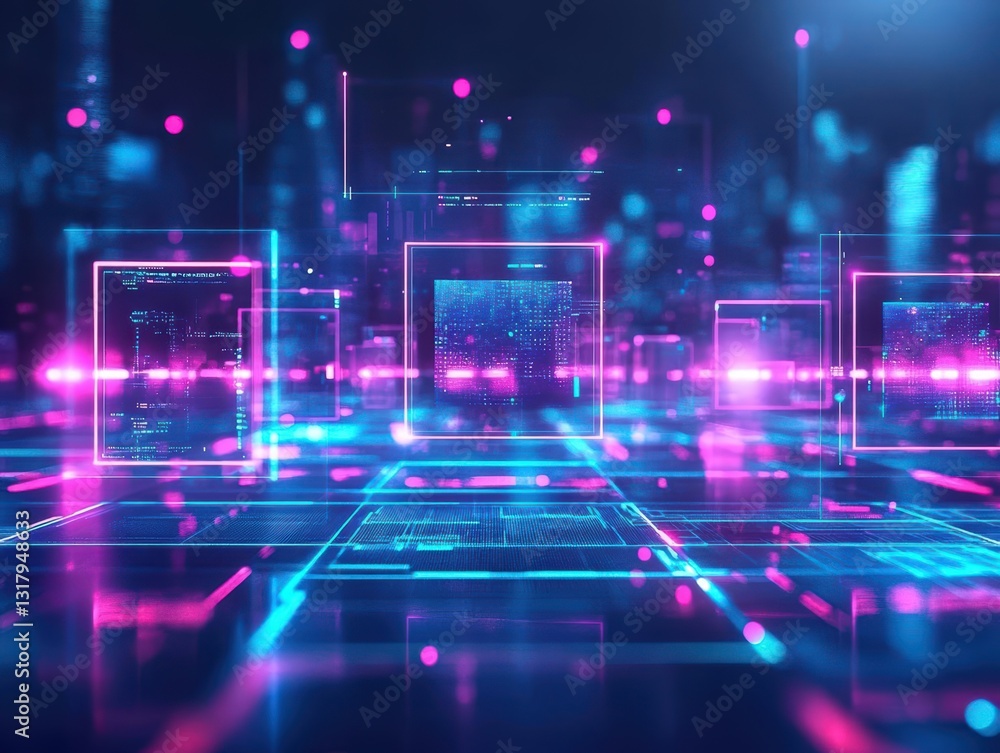 Aufkleber futuristic digital abstract with vibrant neon lights creating a dynamic tech environment, ideal for 
