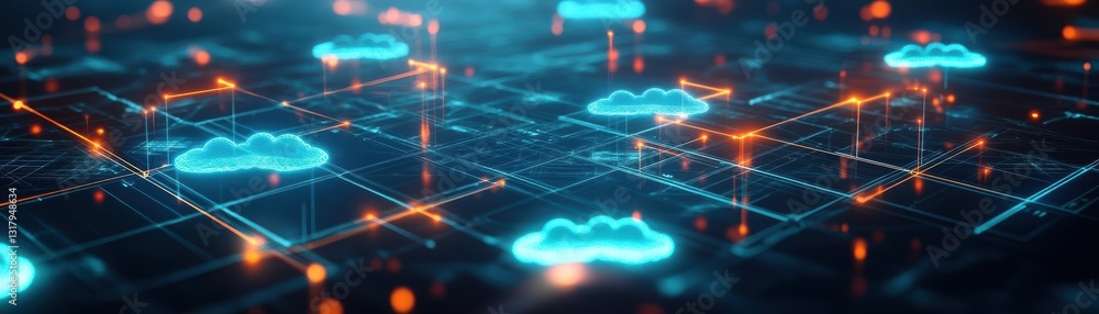 Poster futuristic cloud computing network with glowing icons and digital connections, ideal for technology 