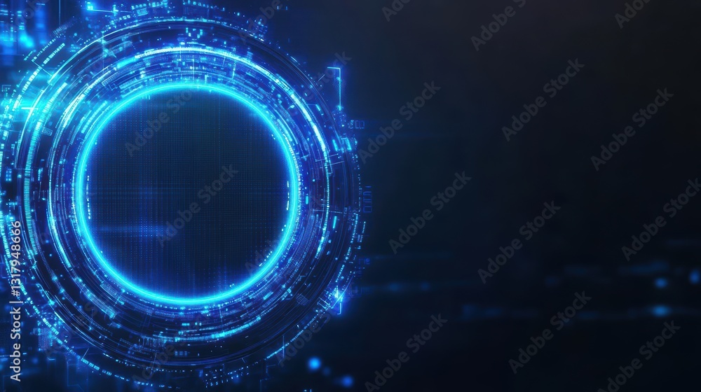 Poster Futuristic digital abstract background featuring glowing blue circular patterns and lines. Ideal for technology and innovation themes.