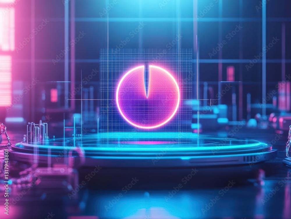 Poster futuristic digital interface displaying a neon circular gauge in a high-tech environment. ideal for 