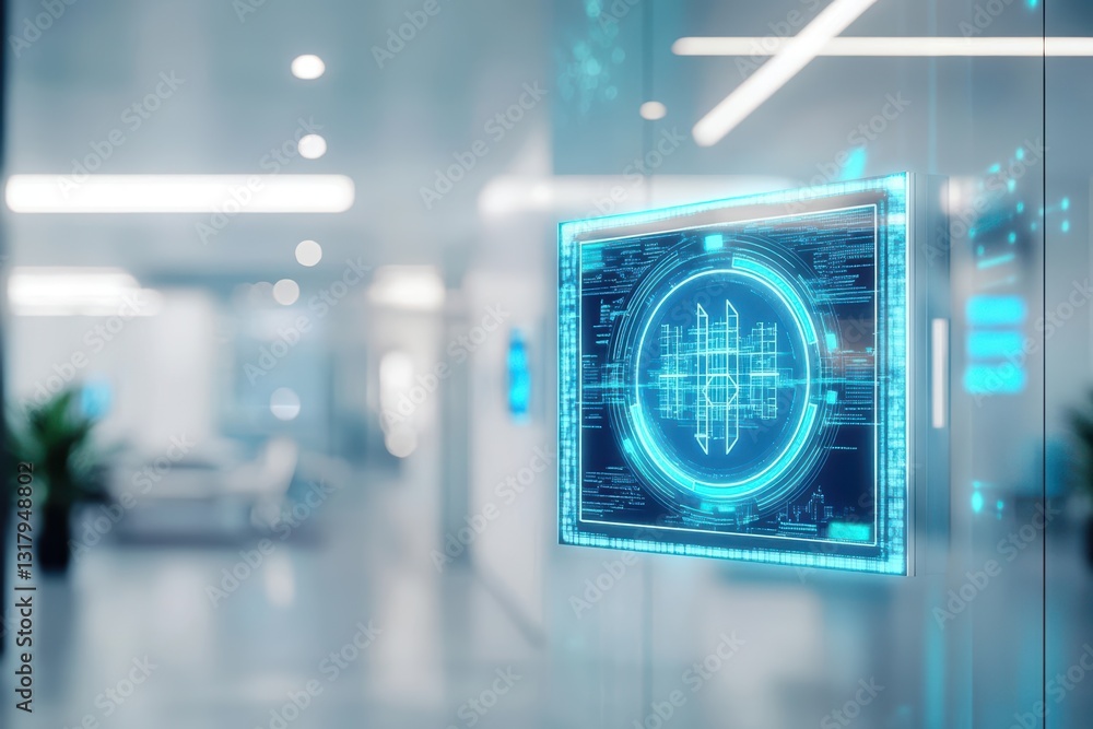 Poster futuristic digital interface displayed in an office setting, showcasing advanced technology and inno