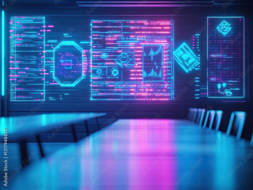 Poster futuristic digital interface displaying vibrant data visuals in a modern workspace.