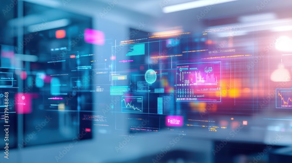 Aufkleber futuristic digital interface with data visualization in a modern workspace showcasing technology and
