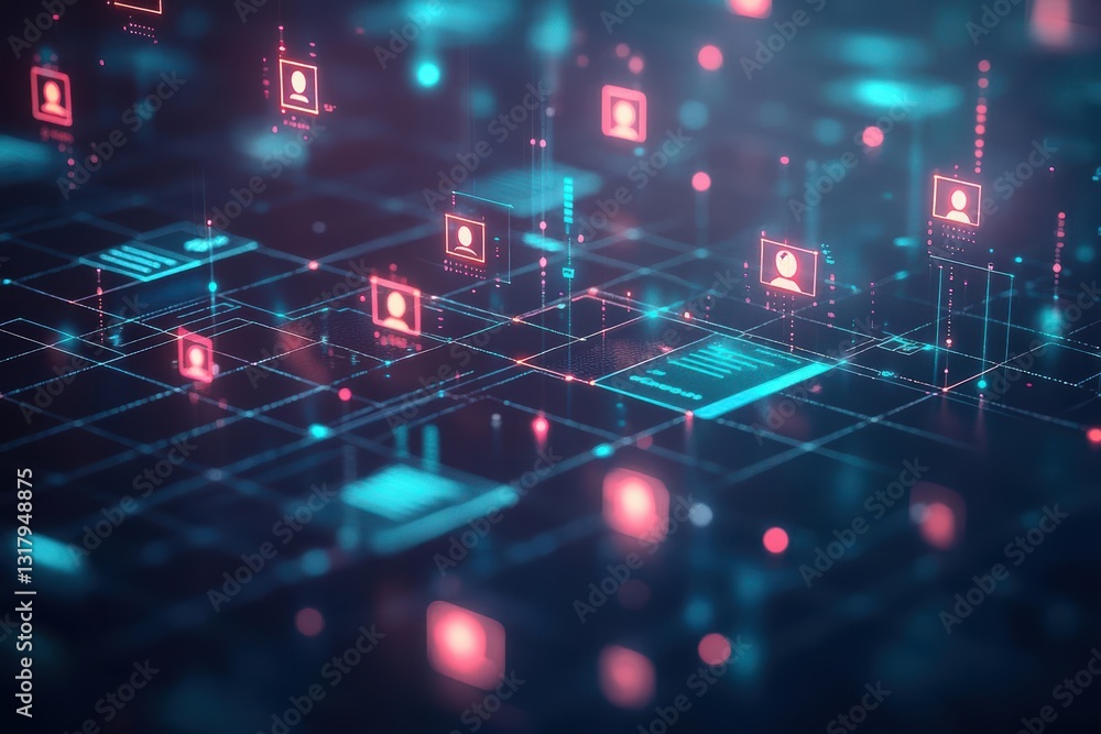 Poster futuristic digital interface with interconnected nodes, featuring glowing data grids, profiles, and 