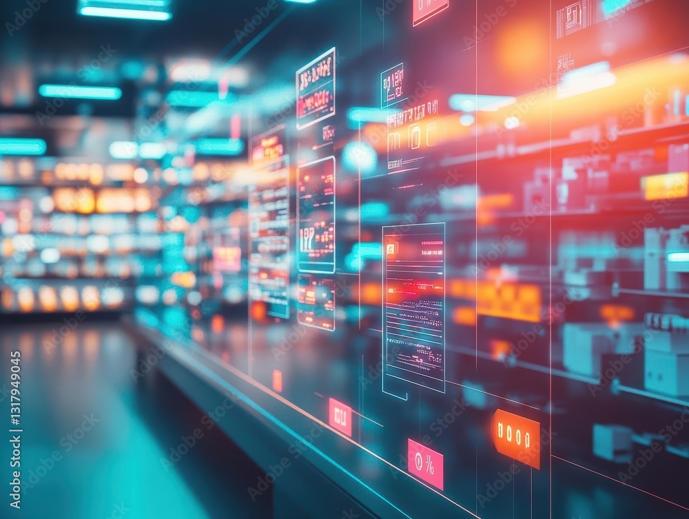 Poster futuristic display with vibrant colors, showcasing digital interfaces and technology in a modern ret