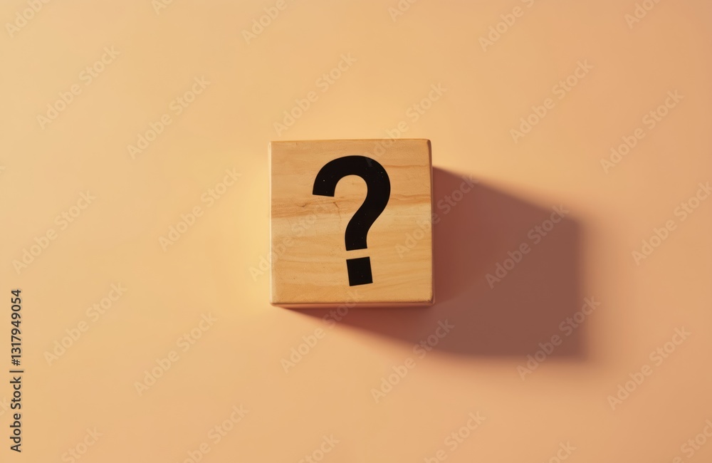 Poster question mark on wooden cube on beige surface. faq answer symbol. brainstorming concept. ask support