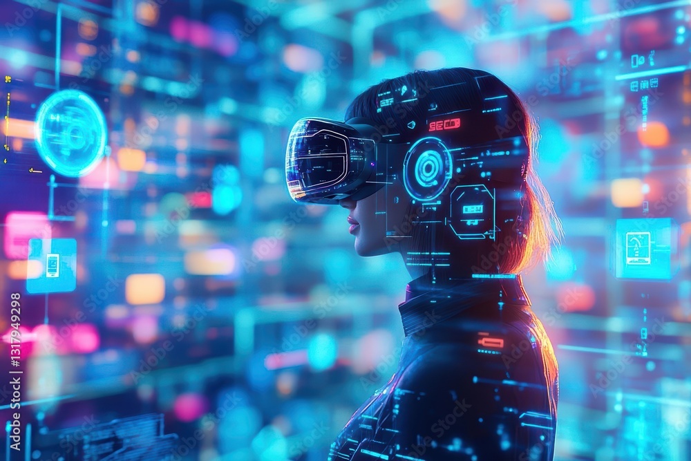 Poster futuristic vision with virtual reality technology immersing the user in a digital landscape filled w
