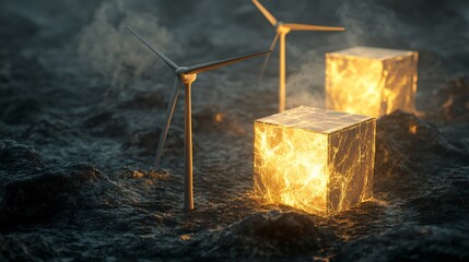 Professional Wind Turbines on Cubes Ultra-Detailed Hyper-Realistic Image