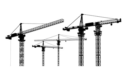 Set of tower construction crane. Silhouette crane working building. Illustration with building cranes isolated on white background. Vector line art.