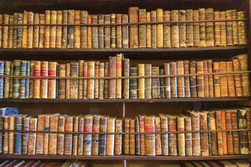 Europe, Spain, Balearic Islands, Mallorca. Shelves full of old books.