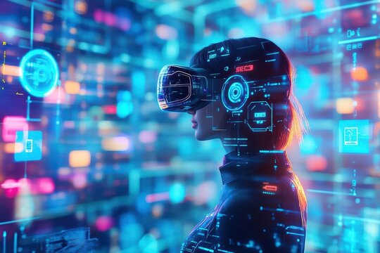 Futuristic vision with virtual reality technology immersing the user in a digital landscape filled with vibrant colors and data.