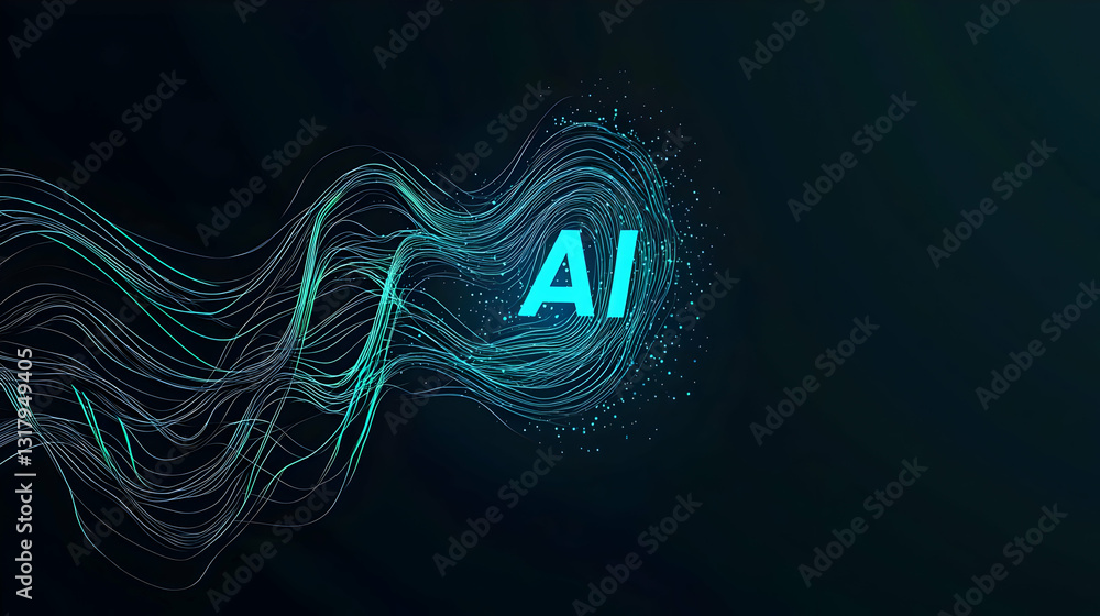 Poster abstract blue artificial intelligence ai symbol glowing in particles flow on dark background technol
