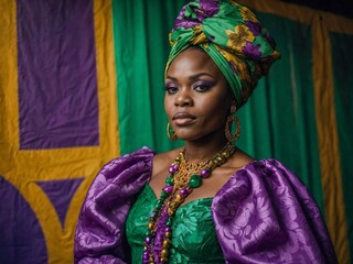 African woman in green headwrap and purple floral gown, celebrating Mardi Gras.