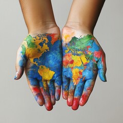 Professional usage of world map painted on hands image for global concepts and educational purposes