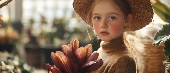 Professional image of a young girl in a plant nursery holding a harvest