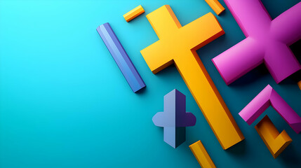 Obraz premium 3D Render of Colorful Crosses on Turquoise Background Symbolizing Christian Faith
