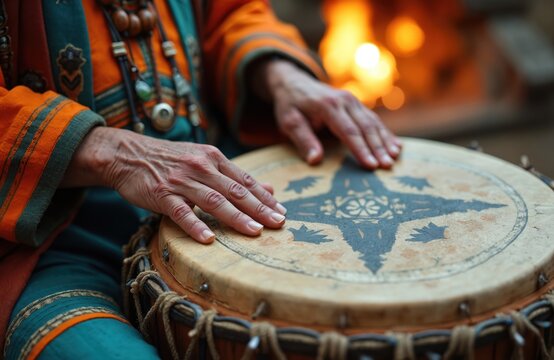 Close-up photo of shaman playing traditional drum during native american heritage month celebration. Ethnic culture celebration, indigenous ritual. Ethnic instrument. Spirituality, tradition. Native