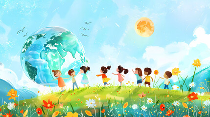 Cartoon children of diverse backgrounds celebrating around globe, environmental education concept illustration
